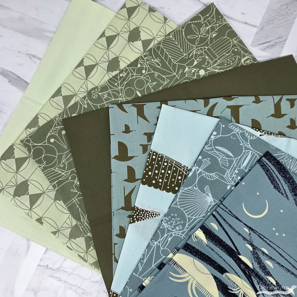 "Ocean Mist Bundle featuring Birch Organic Fabrics – whales, moon jellies, sea birds in green and blue-green hues"